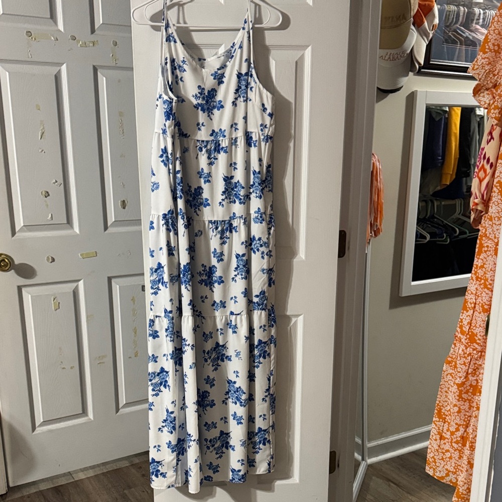 SHEIN White Maxi Dress with Blue Floral Pattern